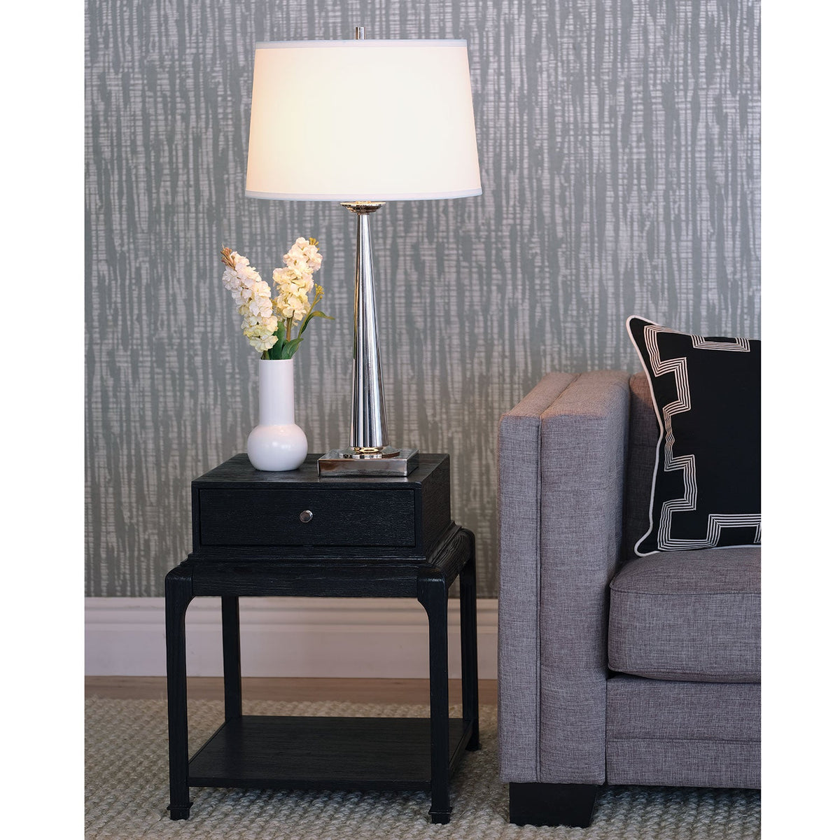 Port 68 Toronto Nickel Modern Table Lamp with Beige Hardback Shade