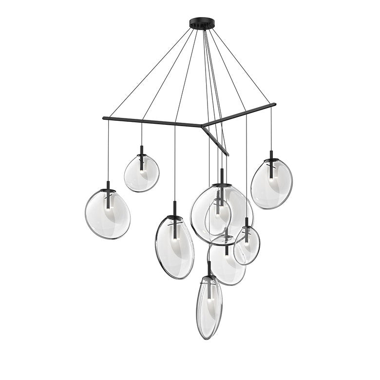 SONNEMAN Cantina 9-Light LED Tri-Spreader Satin Black Clear Glass Shade Chandelier