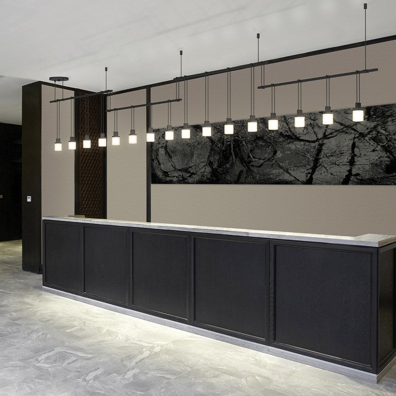 SONNEMAN Suspenders 36" 4-Bar 16-Light Drum Luminaires Satin Black Etched Cased Glass Shade Linear Pendant Light