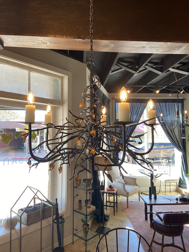 Stone County Ironworks Garden Gate 36" 5 Arm Natural Black Iron Chandelier With Copper Iron Accent and Amber Drip Cover