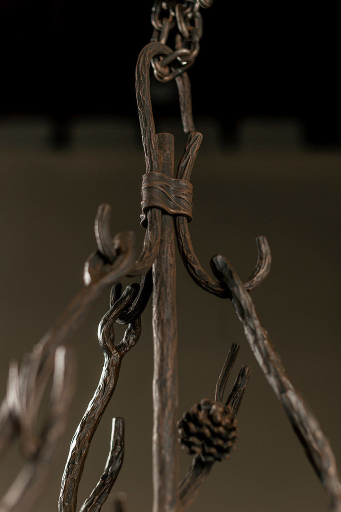 Stone County Ironworks Pine 21" 3 Arm Natural Bark Iron Frosted Globe Chandelier
