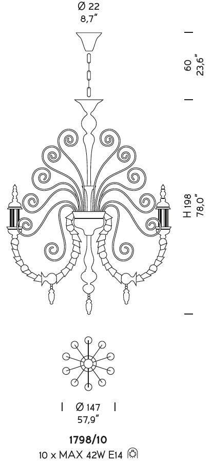 Sylcom Bucintoro 1798/10-PA-AMT.ORO Amethyst and 24Kt Gold Chandelier in Silver Bronzing Metal Finish