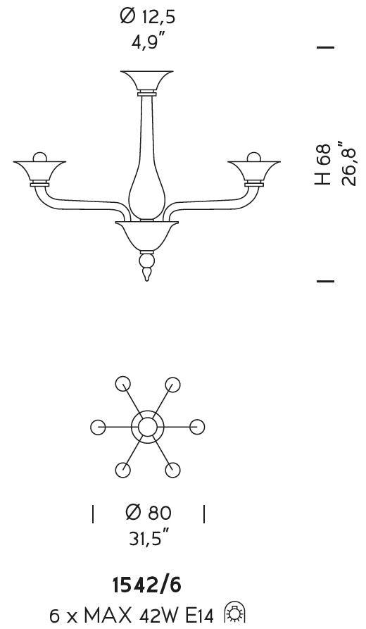 Sylcom Corner 1542/6-K-BLGRY.GRY Milky White Gray and Gray Chandelier in Polished Chrome Metal Finish