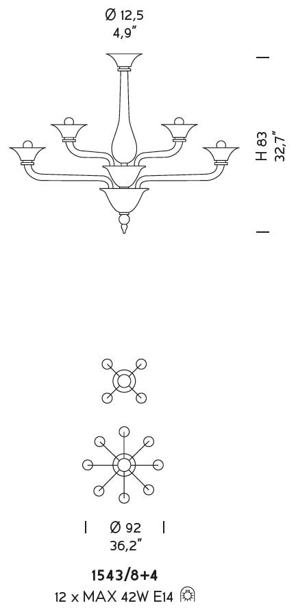 Sylcom Corner 1543/8+4-D-BLGRY.GRY Milky White Gray and Gray Chandelier in Polished Gold Metal Finish