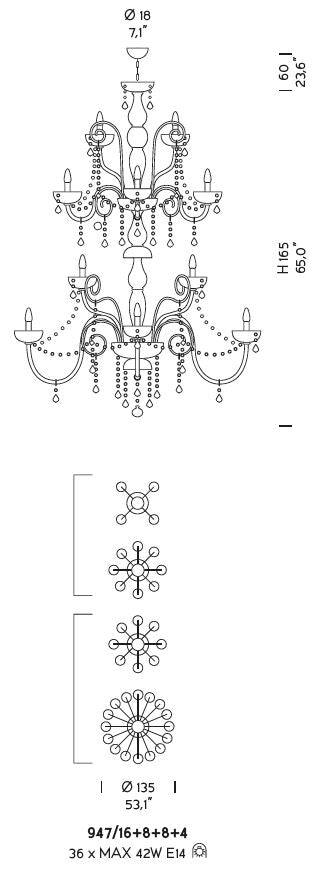 Sylcom Dandolo 947/16+8+8+4-K-CR.NAZ Crystal with national pendants Chandelier in Polished Chrome Metal Finish