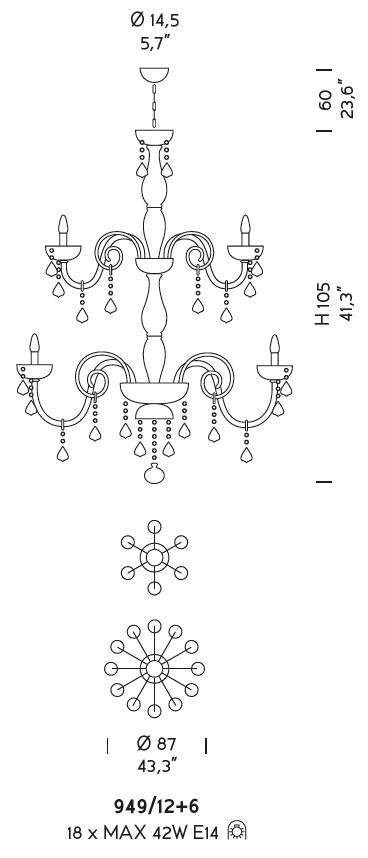 Sylcom Dandolo 949/12+6-D-BL Milk White with lead pendants Chandelier in Polished Gold Metal Finish