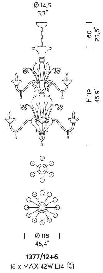 Sylcom Giustinian 1377/12+6-D-FU.ORO Smoked and 24Kt Gold Chandelier in Polished Gold Metal Finish