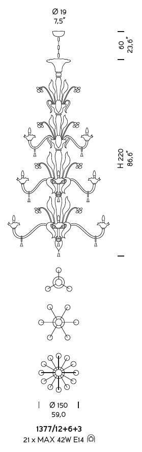 Sylcom Giustinian 1377/12+6+3-D-BL.CR Milk White and Clear Chandelier in Polished Gold Metal Finish