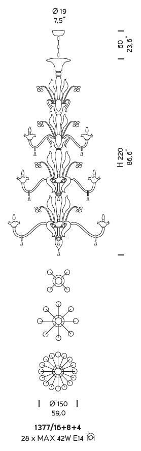 Sylcom Giustinian 1377/16+8+4-D-BL.CR Milk White and Clear Chandelier in Polished Gold Metal Finish