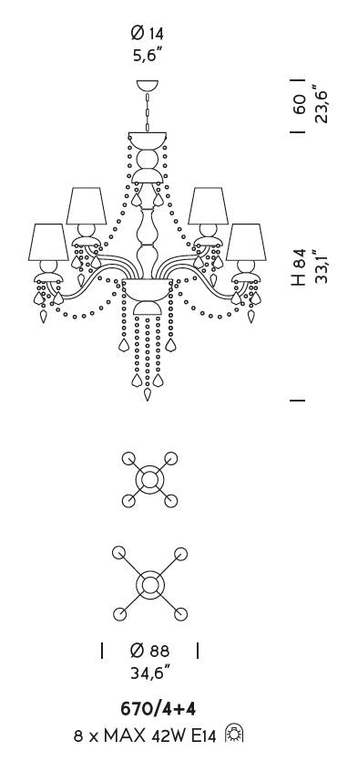 Sylcom Michiel 670/4+4-D-DEN Denim with lead pendants Chandelier in Polished Gold Metal Finish