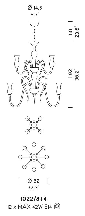 Sylcom Teodato 1022/8+4-K-BL Milk White Chandelier in Polished Chrome Metal Finish