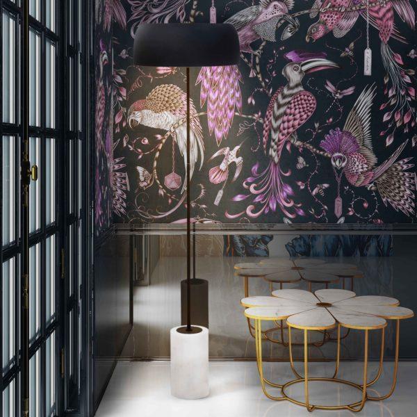 TOV Furniture Arena Marble Base Floor Lamp With Black Retro-Style Shade and Slender Neck