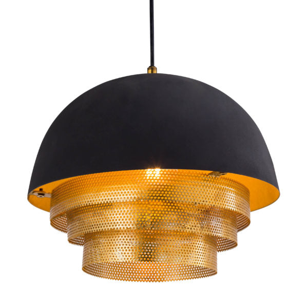TOV Furniture Luxor Large Pendant Light With Matte Black Dome Shade and Three Tier Brass Rings