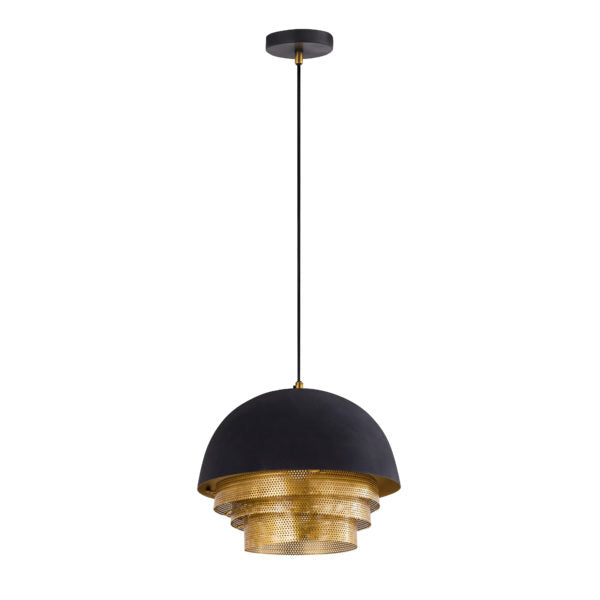 TOV Furniture Luxor Large Pendant Light With Matte Black Dome Shade and Three Tier Brass Rings