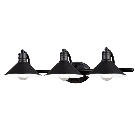 Vaxcel Akron 28" 3-Light Oil Rubbed Bronze and Matte White Vanity Light With Metal Shades