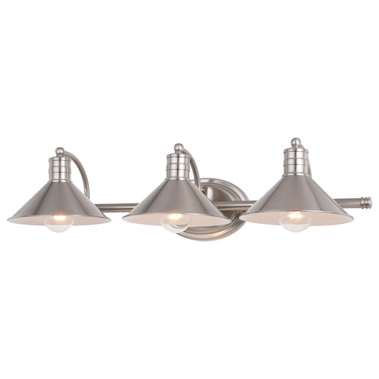 Vaxcel Akron 28" 3-Light Satin Nickel and Matte White Vanity Light With Metal Shades