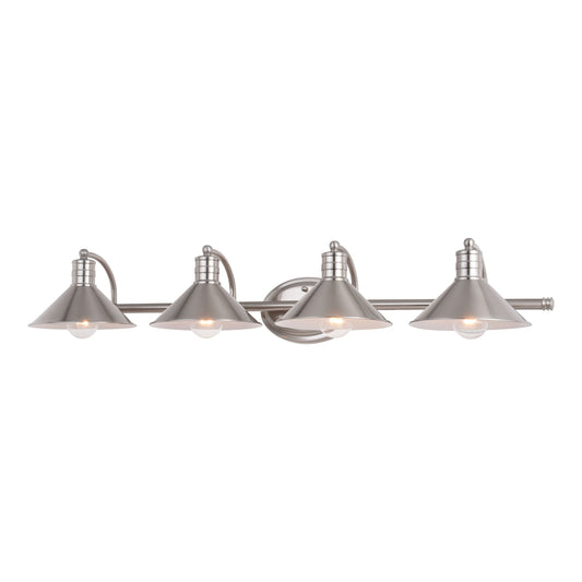 Vaxcel Akron 38" 4-Light Satin Nickel and Matte White Vanity Light With Metal Shades