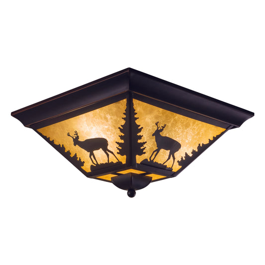 Vaxcel Bryce 14" 3-Light W Bronze Rustic Deer Flush Mount Ceiling Light Fixture With Amber Flake Glass