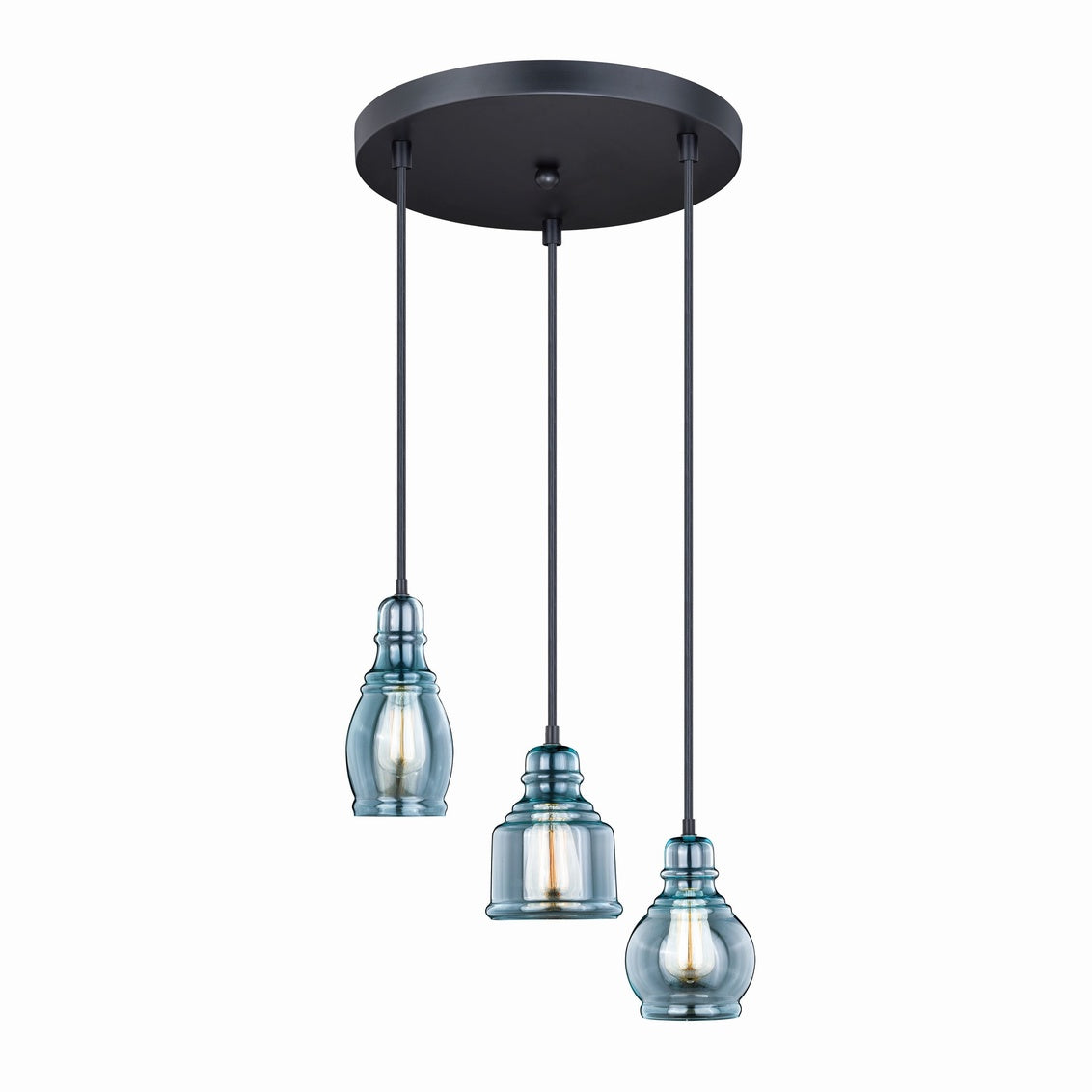 Vaxcel Millie 3-Light Bronze Farmhouse Jar Pendant Chandelier Ceiling Light Fixture Blue Glass