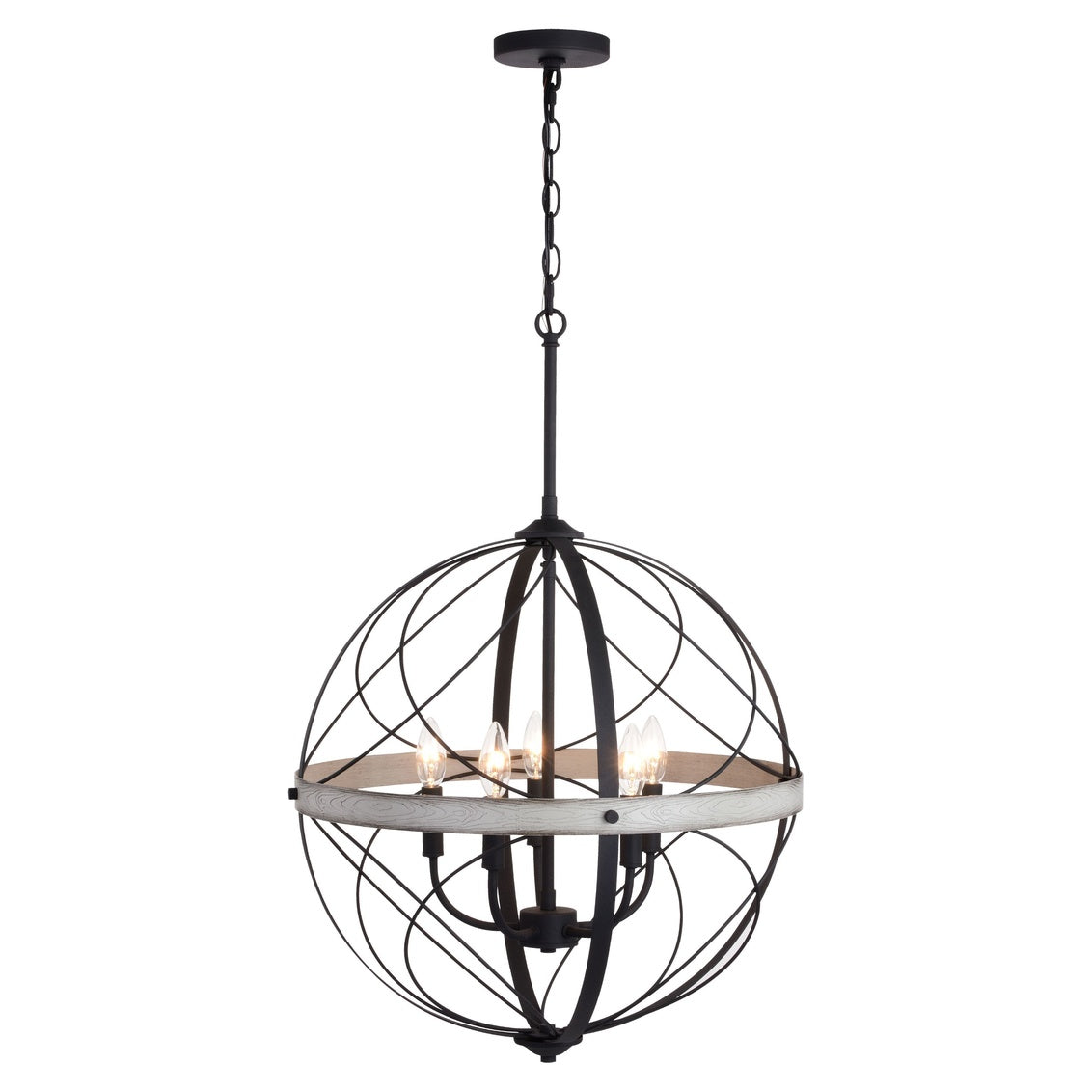 Vaxcel Montclare 5-Light Black and White Ash Wood Farmhouse Cage Globe Pendant Ceiling Light