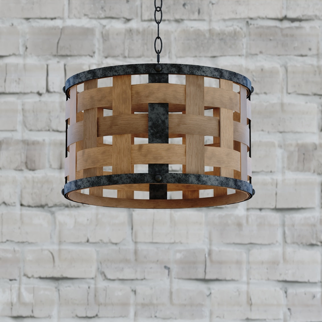 Vaxcel Norwood 1-Light Gray Industrial Woven Wood Drum Pendant Hanging Ceiling Light