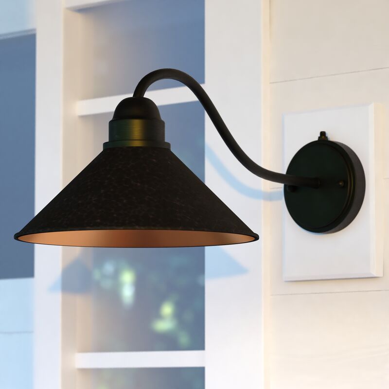 Vaxcel Outland 12-in Long Arm Outdoor Wall Light Aged Iron and Light Gold