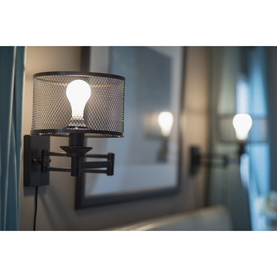 Vaxcel Polk Plug" Black Motion Sensor Swing Arm Wall Lamp Beige Linen Drum Shade