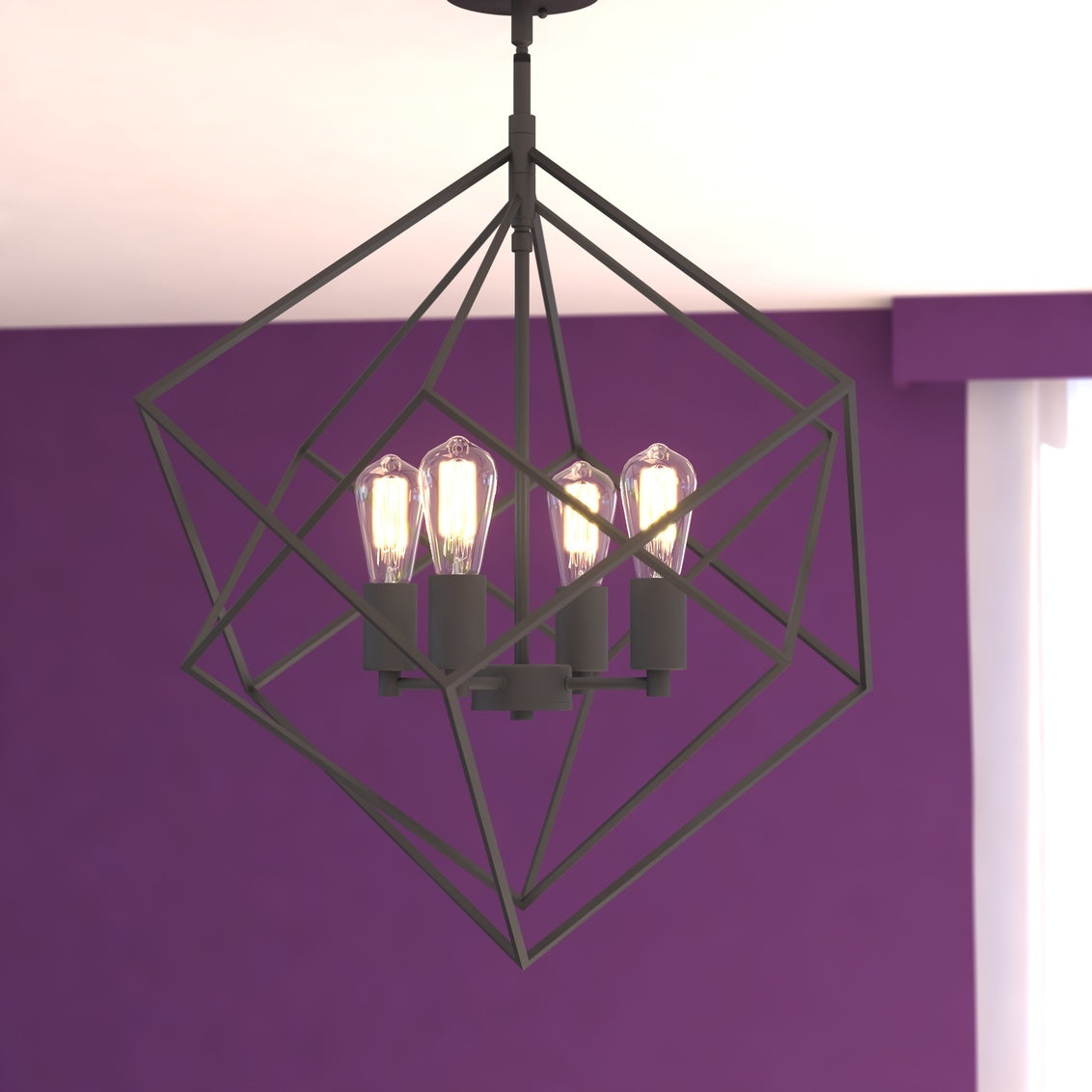 Vaxcel Rad 4-Light Black Mid-Century Modern Geometric Cage Bulb Pendant