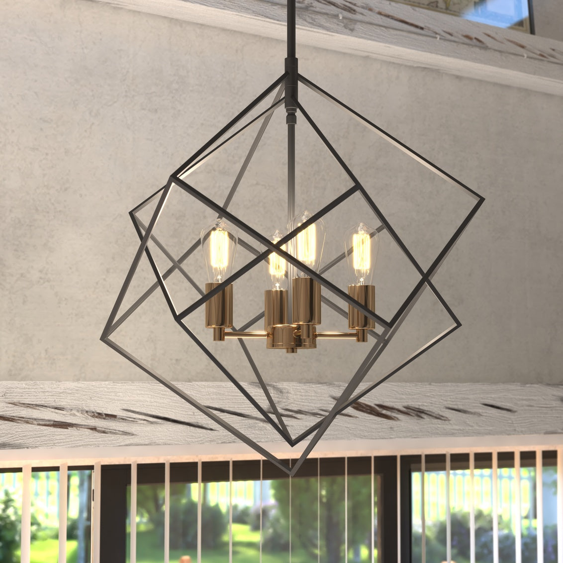 Vaxcel Rad 4-Light Geometric Black and Brass Pendant Cage Light