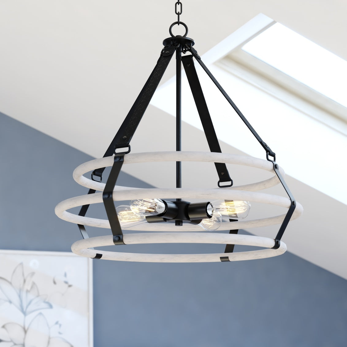 Vaxcel Taylor 4-Light Black and Ash Gray Drum Cage Industrial Pendant Light with Fabric Straps