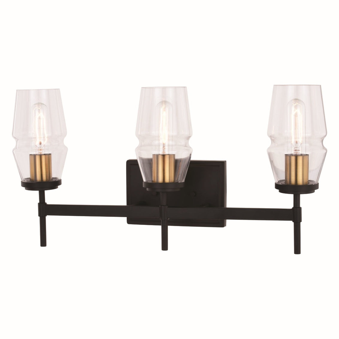 Vaxcel Warren 3-Light Black and Brass Mid Century Modern Bathroom Vanity Wall Fixture Clear Glass