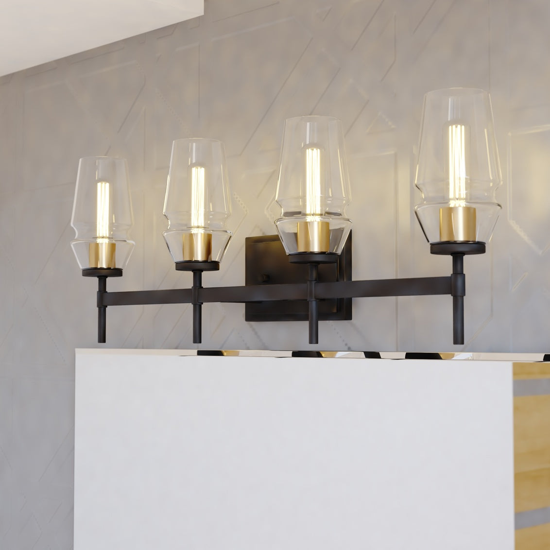 Vaxcel Warren 4-Light Black and Brass Mid Century Modern Bathroom Vanity Wall Fixture Clear Glass