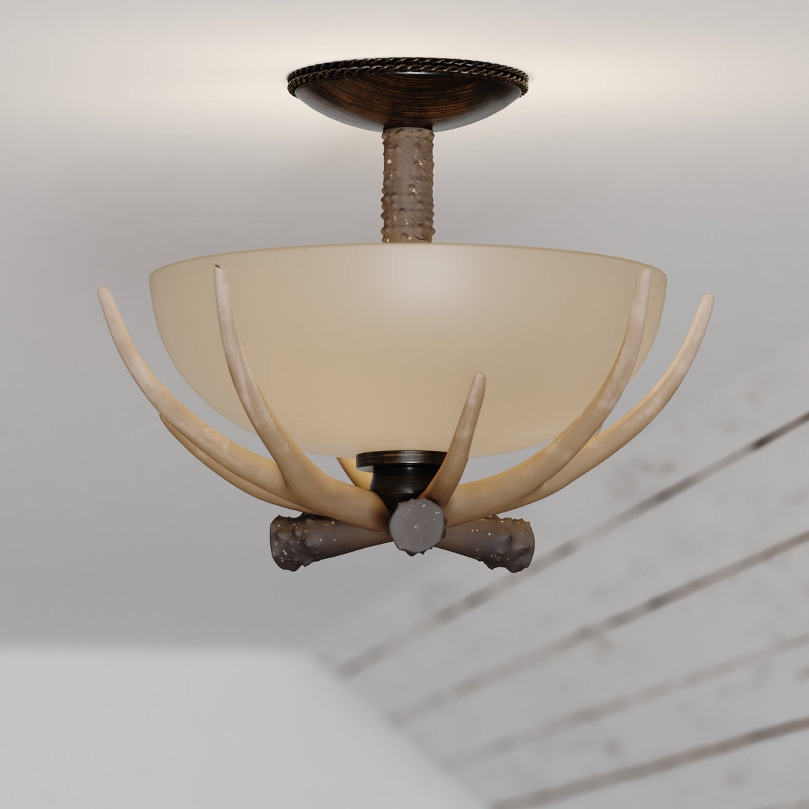 Vaxcel Yoho 12" W Bronze Rustic Antler Bowl Semi Flush Mount Ceiling Light Cream Glass