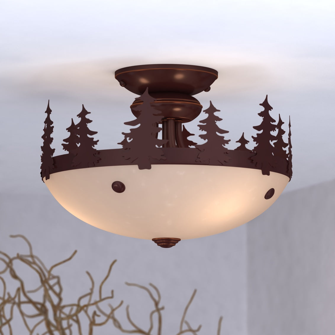 Vaxcel Yosemite 2-Light LED Bronze Rustic Tree Semi Flush Ceiling Light or Fan Light Kit