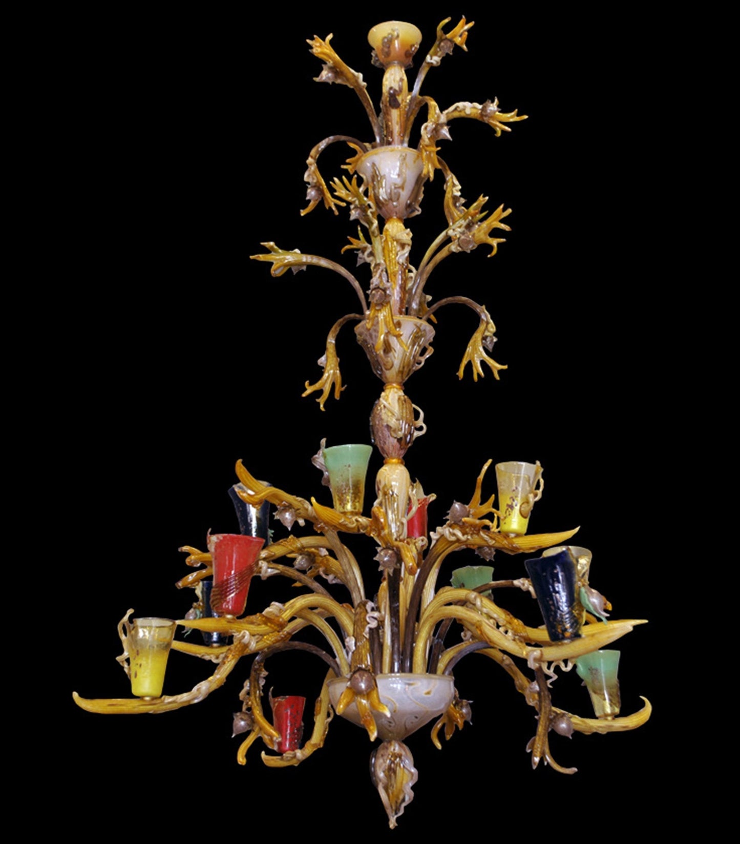 Vetreria Artistica Rosa Albero 12-Lights Amber Base With Polychrome Cups and Silver Leaves Glass Chandelier