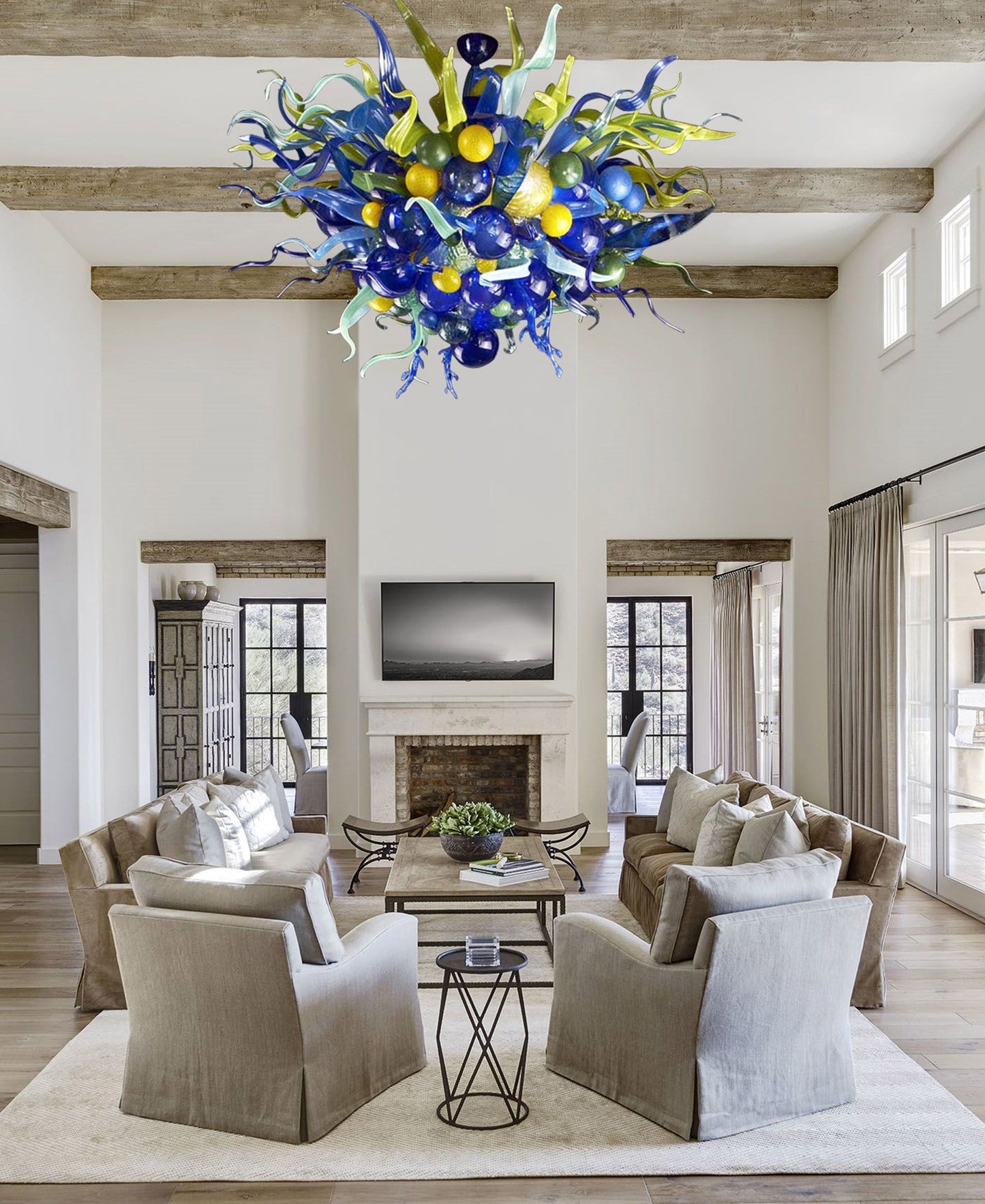 Vetreria Artistica Rosa Alga Marina 8-Lights Blue and Yellow Artistic Design Glass Chandelier