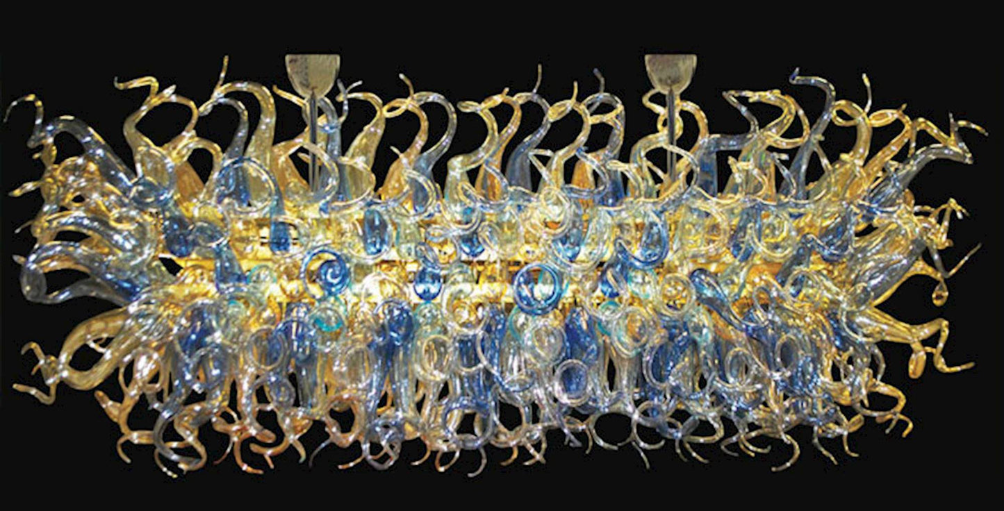 Vetreria Artistica Rosa Binario Fiamme 40-Lights Blue and Yellow Crytal Flame Glass Chandelier