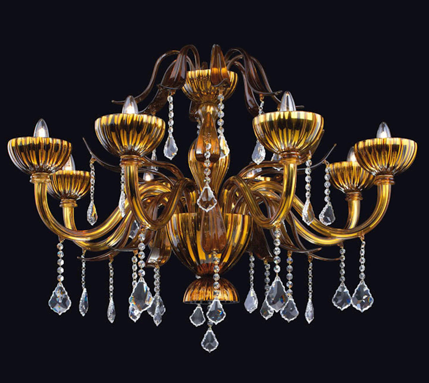 Vetreria Artistica Rosa Bronzo 8-Lights Bronze Base With Dark Amber Leaves and Crytal Pendants Glass Chandelier