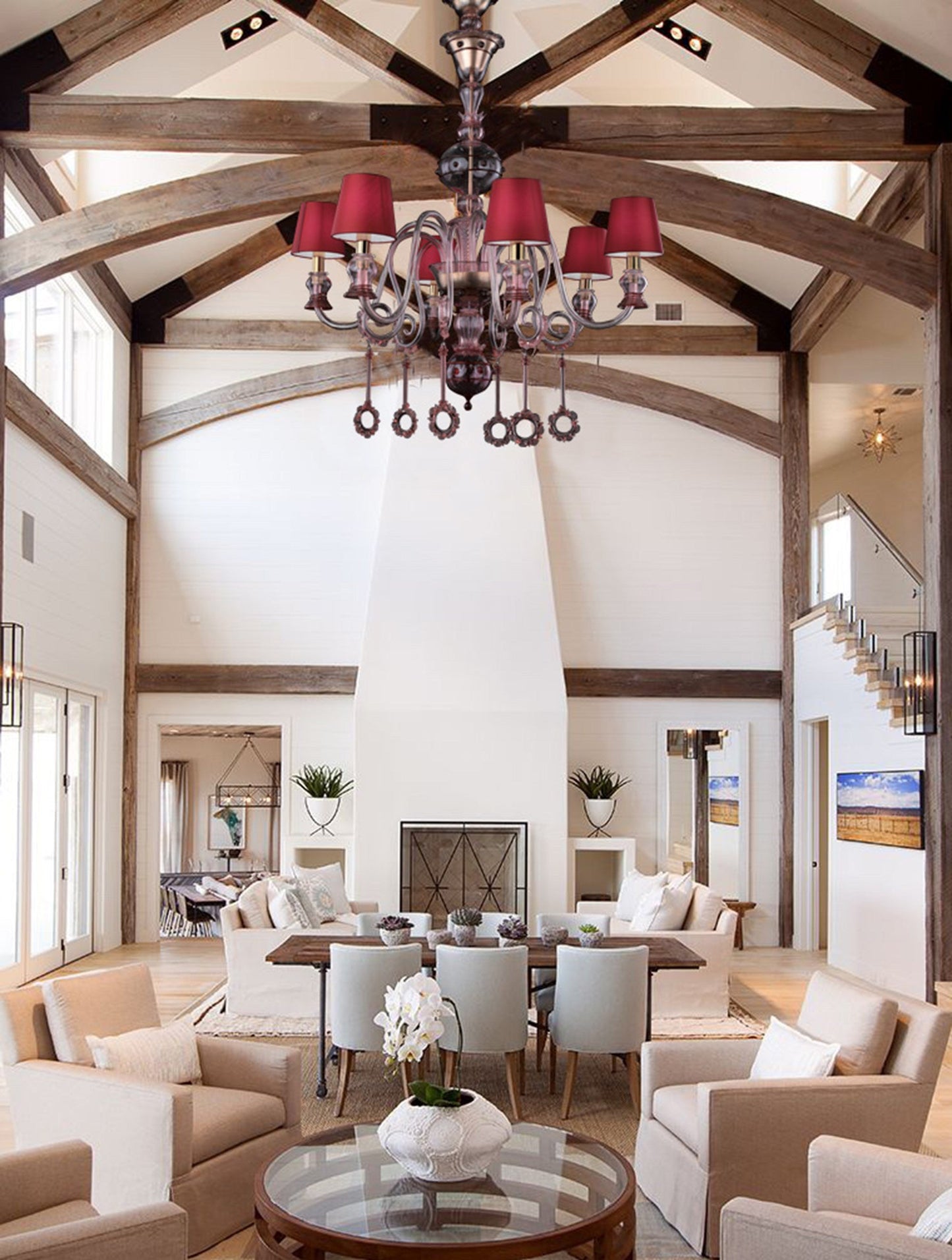 Vetreria Artistica Rosa Duomo 6-Lights Transparent Ruby Pink Base With Red Tapered Drum Shade Glass Chandelier