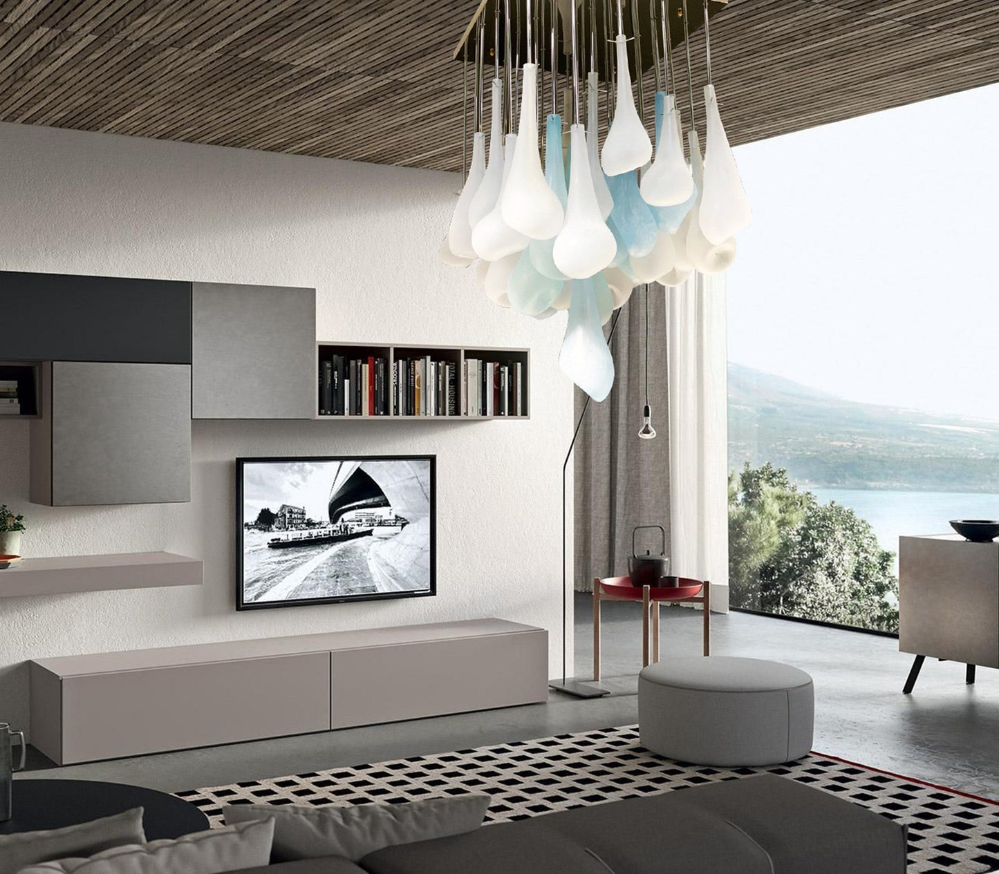 Vetreria Artistica Rosa Fioritura 36-Lights White and Light Blue Sandblasted Petal Glass Chandelier