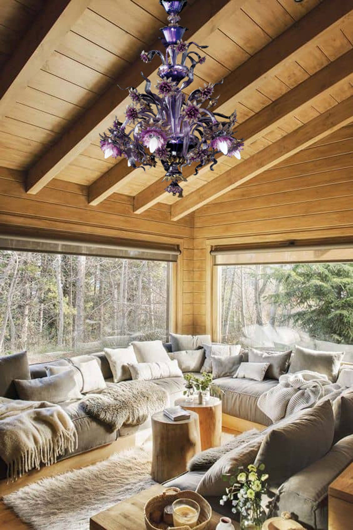 Vetreria Artistica Rosa Floren 6-Lights Amethyst Base and Flower Accent With Gold Details Glass Chandelier