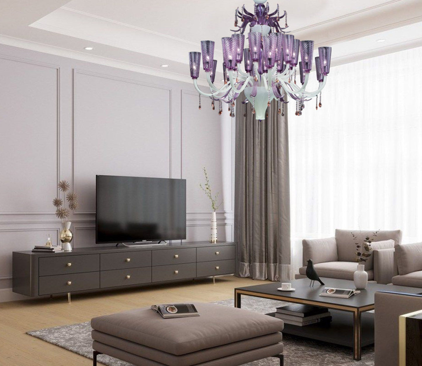 Vetreria Artistica Rosa Glimmer 24-Lights White Pastel Base With Transparent Amethyst Shade Glass Chandelier