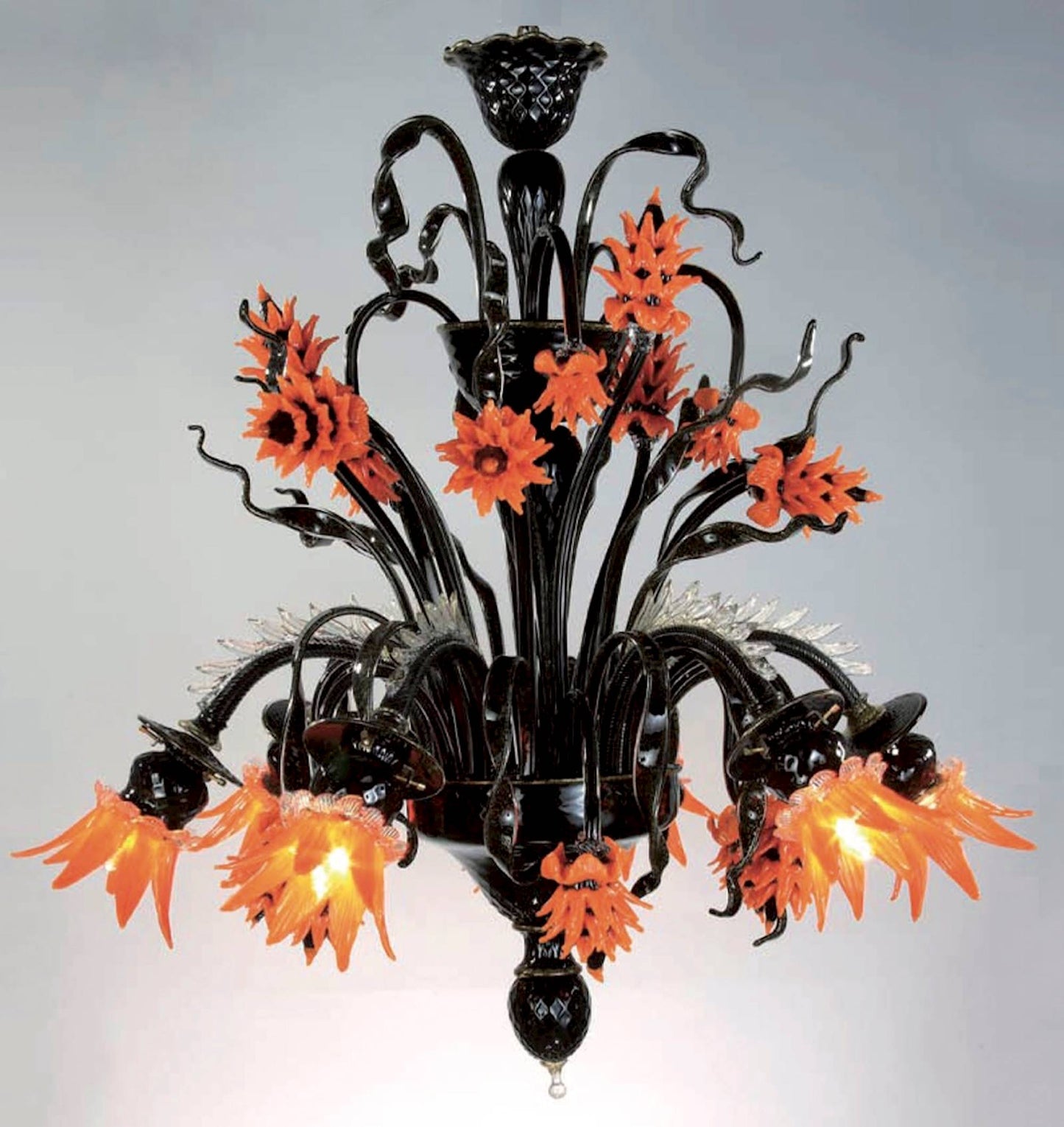 Vetreria Artistica Rosa Orange 6-Lights Black Base With Orange and Gold Details Glass Chandelier