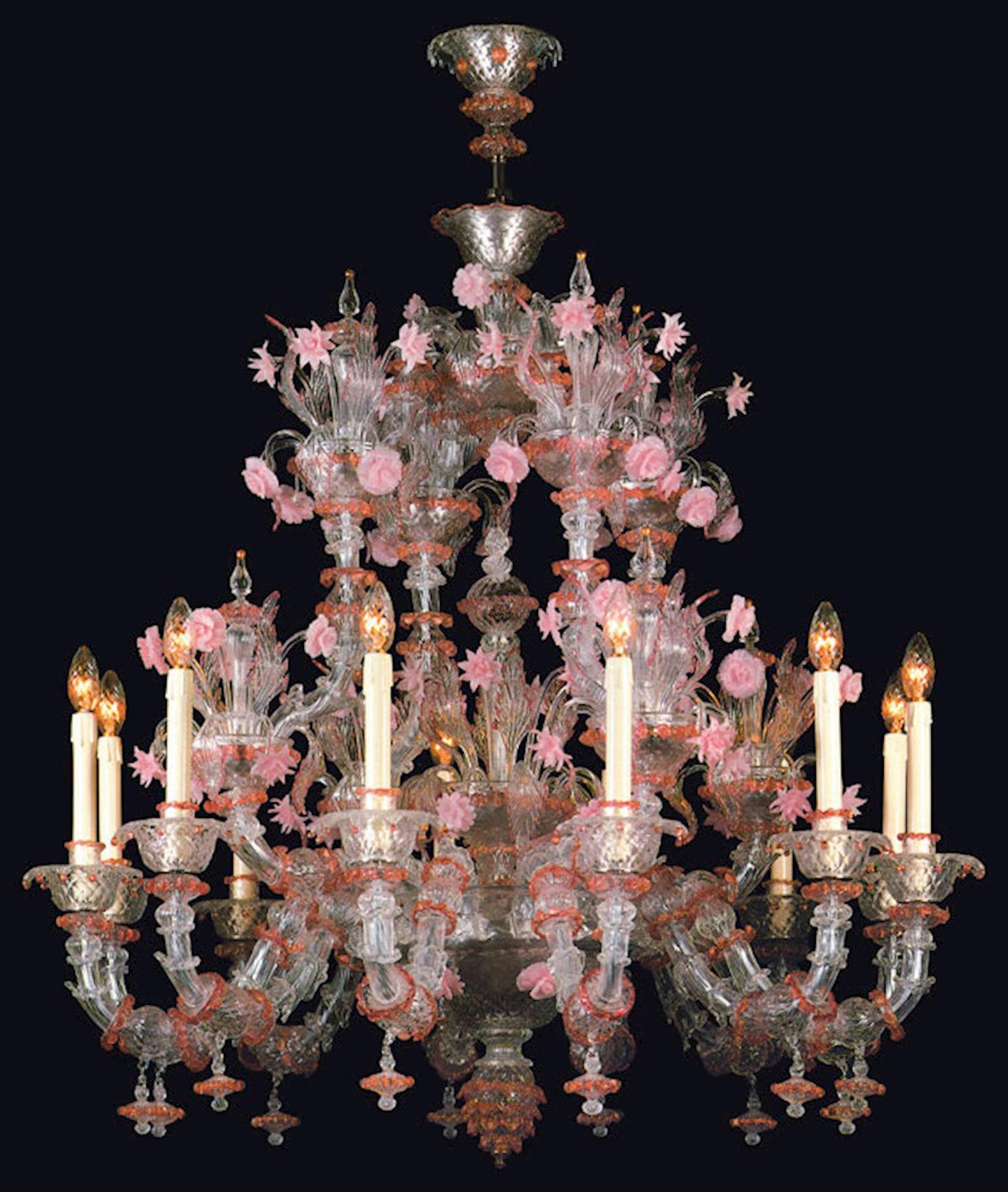 Vetreria Artistica Rosa Perla 12-Lights Crystal Base With Ruby Details And Paste Flowers Glass Chandelier