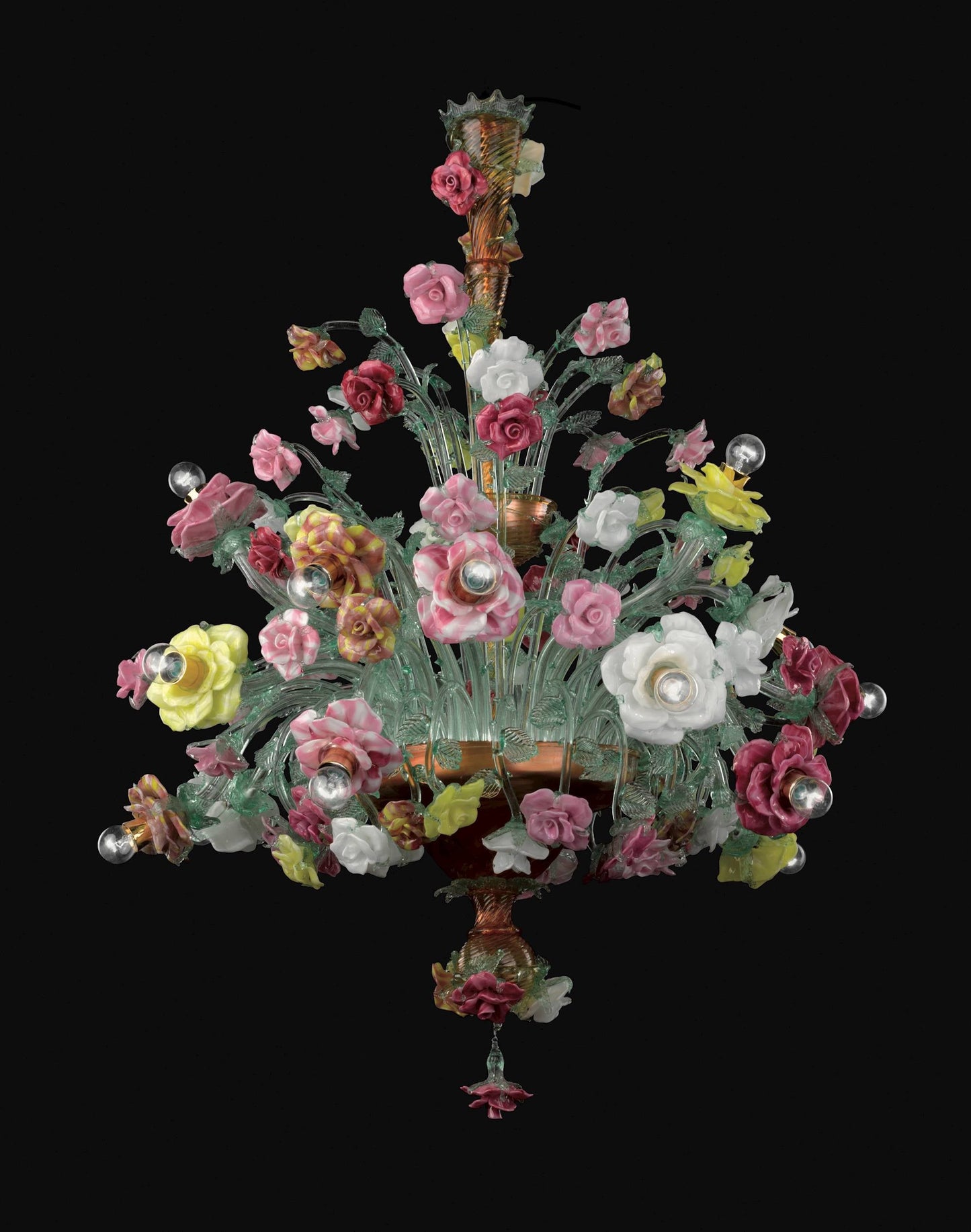 Vetreria Artistica Rosa Roseto 18-Lights Transparent Green Crystal Base With Polychrome Flower Accent Glass Chandelier