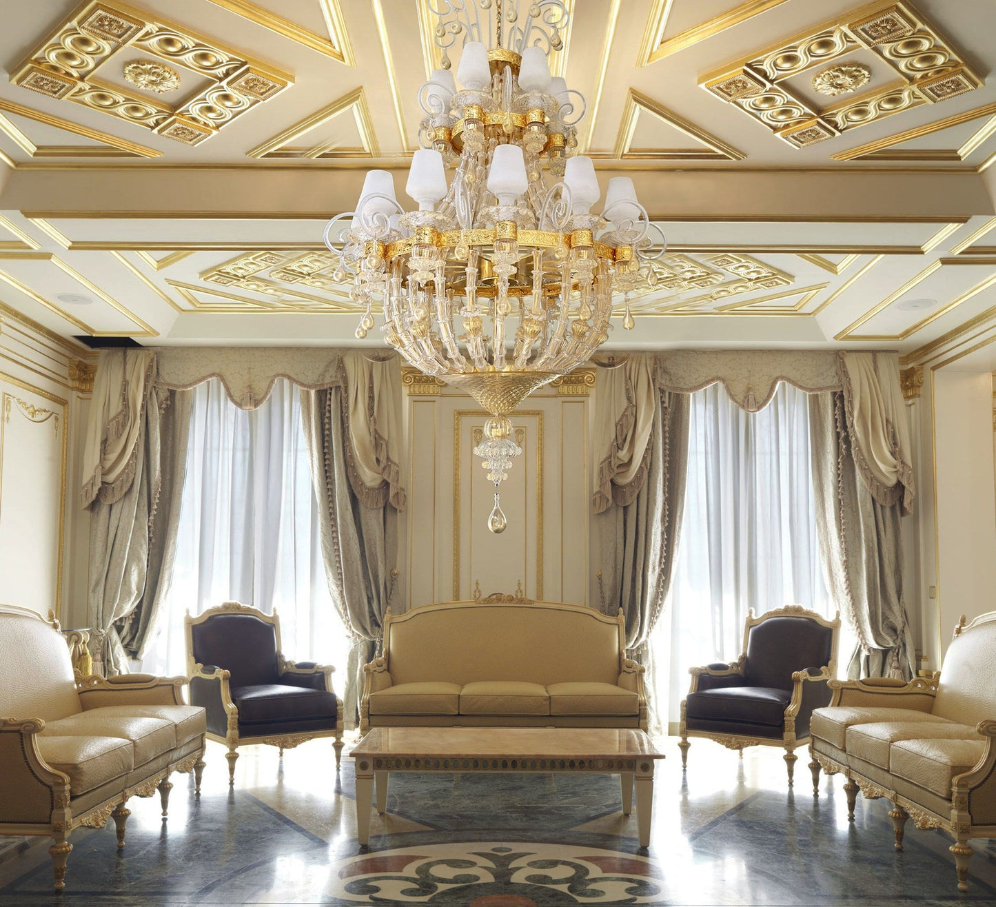 Vetreria Artistica Rosa Stile Impero 18-Lights Crystal Gold Glass Chandelier