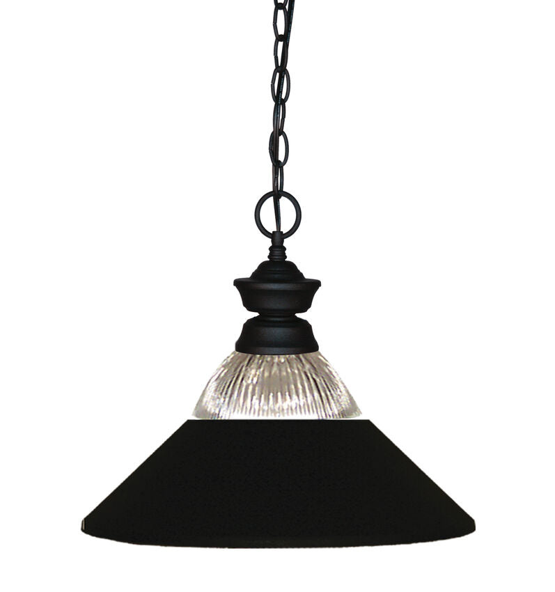 Z-Lite 14" 1-Light Matte Black Steel Pendant Light With Clear Ribbed and Matte Black Shade