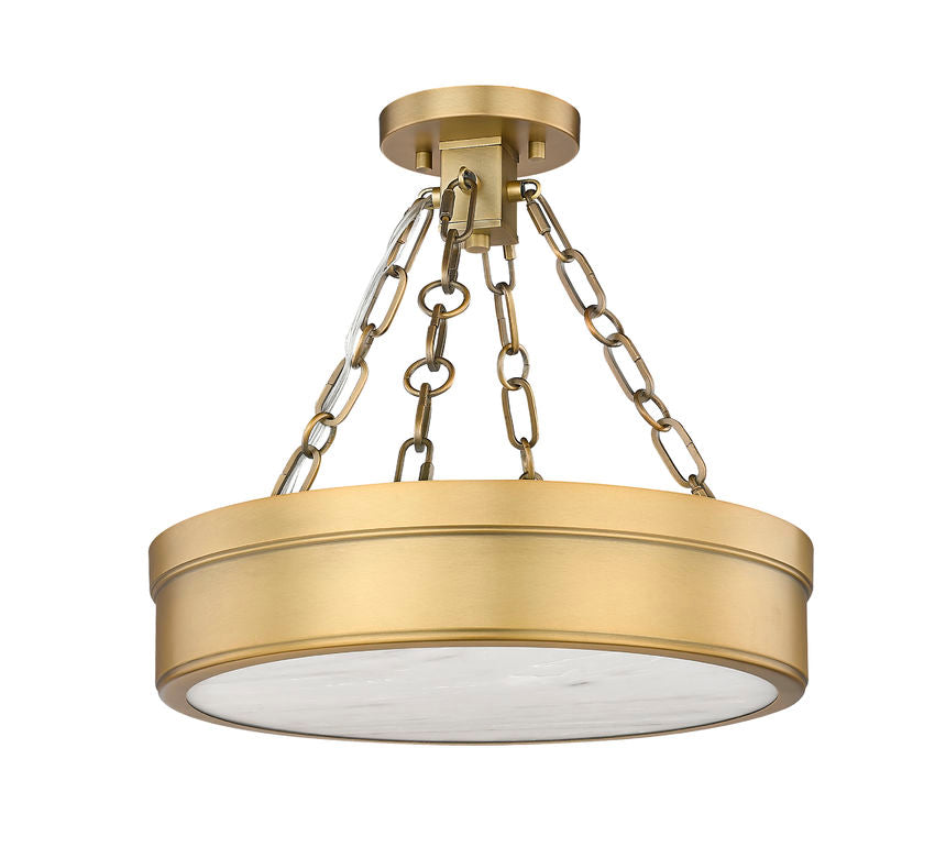 Z-Lite Anders 15" 1-Light LED Rubbed Brass Steel and Marbling Parian Shade Semi Flush Mount