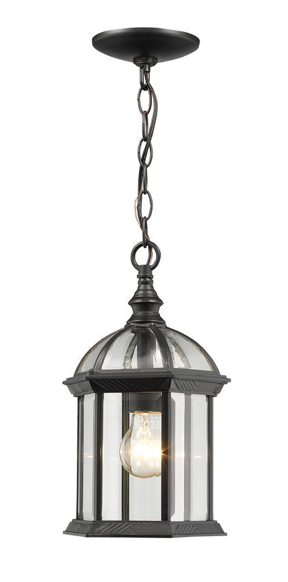 Z-Lite Annex 8" 1-Light Black Aluminum Outdoor Chain Mount Ceiling Fixture With Clear Beveled Glass Shade