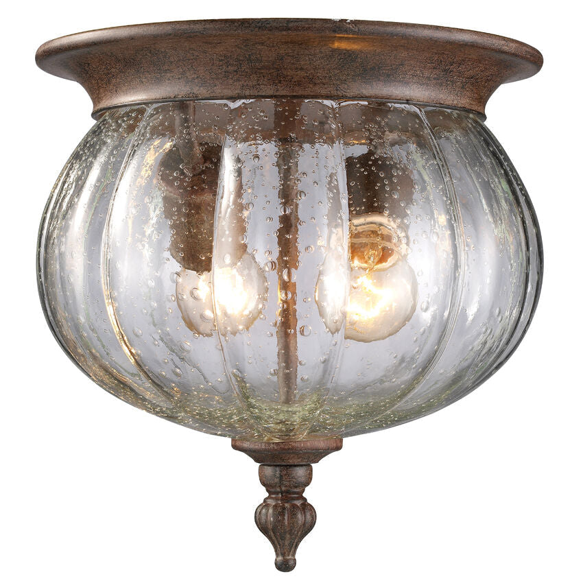 Z-Lite Belmont 10" 2-Light Weathered Bronze Aluminum Outdoor Flush Mount With Clear Seedy Glass Shade
